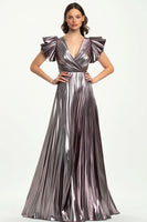 Load image into Gallery viewer, Taro Purple Metallic Pleated A Line V-Neck Long Formal Dress