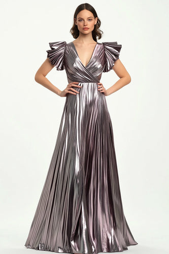 Taro Purple Metallic Pleated A Line V-Neck Long Formal Dress