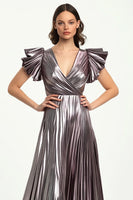 Load image into Gallery viewer, Taro Purple Metallic Pleated A Line V-Neck Long Formal Dress