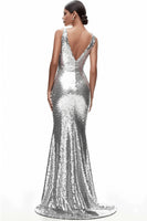 Load image into Gallery viewer, Sparkly Silver Sequin Mermaid Deep V-Neck Long Formal Dress