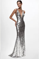 Load image into Gallery viewer, Sparkly Silver Sequin Mermaid Deep V-Neck Long Formal Dress