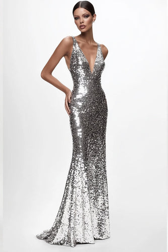 Sparkly Silver Sequin Mermaid Deep V-Neck Long Formal Dress