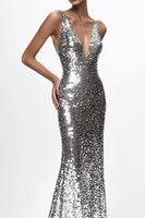 Load image into Gallery viewer, Sparkly Silver Sequin Mermaid Deep V-Neck Long Formal Dress