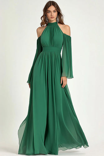 Green Chiffon High Neck A Line Long Formal Dress
