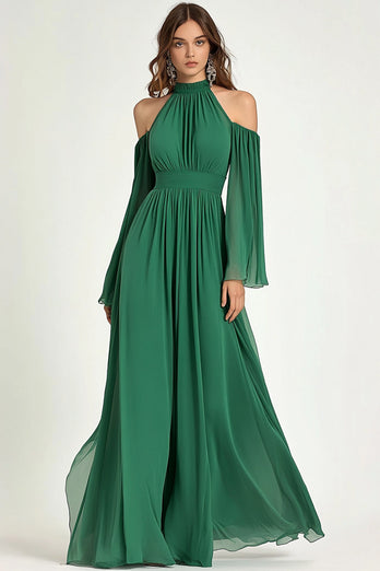 Green Chiffon High Neck A Line Long Formal Dress