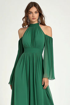 Green Chiffon High Neck A Line Long Formal Dress