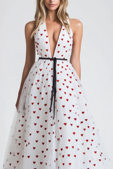 White Tulle A Line Long Formal Dress with Red Hearts