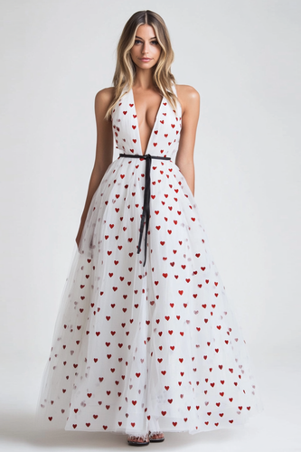 White Tulle A Line Long Formal Dress with Red Hearts