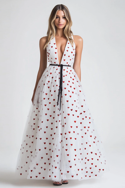 White Tulle A Line Long Formal Dress with Red Hearts