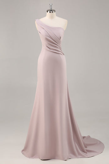 Khaki One Shouder Satin Ruched Mermaid Long Formal Dress