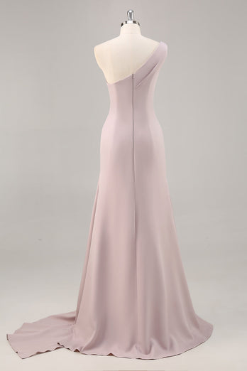 Khaki One Shouder Satin Ruched Mermaid Long Formal Dress