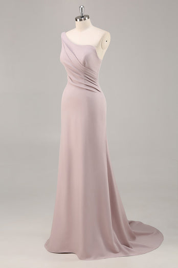 Khaki One Shouder Satin Ruched Mermaid Long Formal Dress