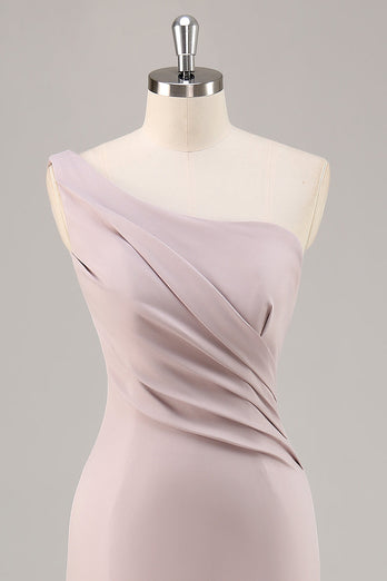 Khaki One Shouder Satin Ruched Mermaid Long Formal Dress