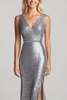 Load image into Gallery viewer, Sparkly Silver V-Neck Sequin Mermaid Long Formal Dress with Slit