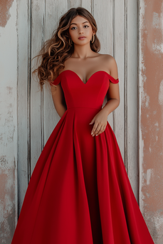 Red Satin Off the Shoulder Asymmetrical A-Line Long Formal Dress