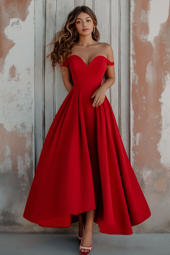 Red Satin Off the Shoulder Asymmetrical A-Line Long Formal Dress