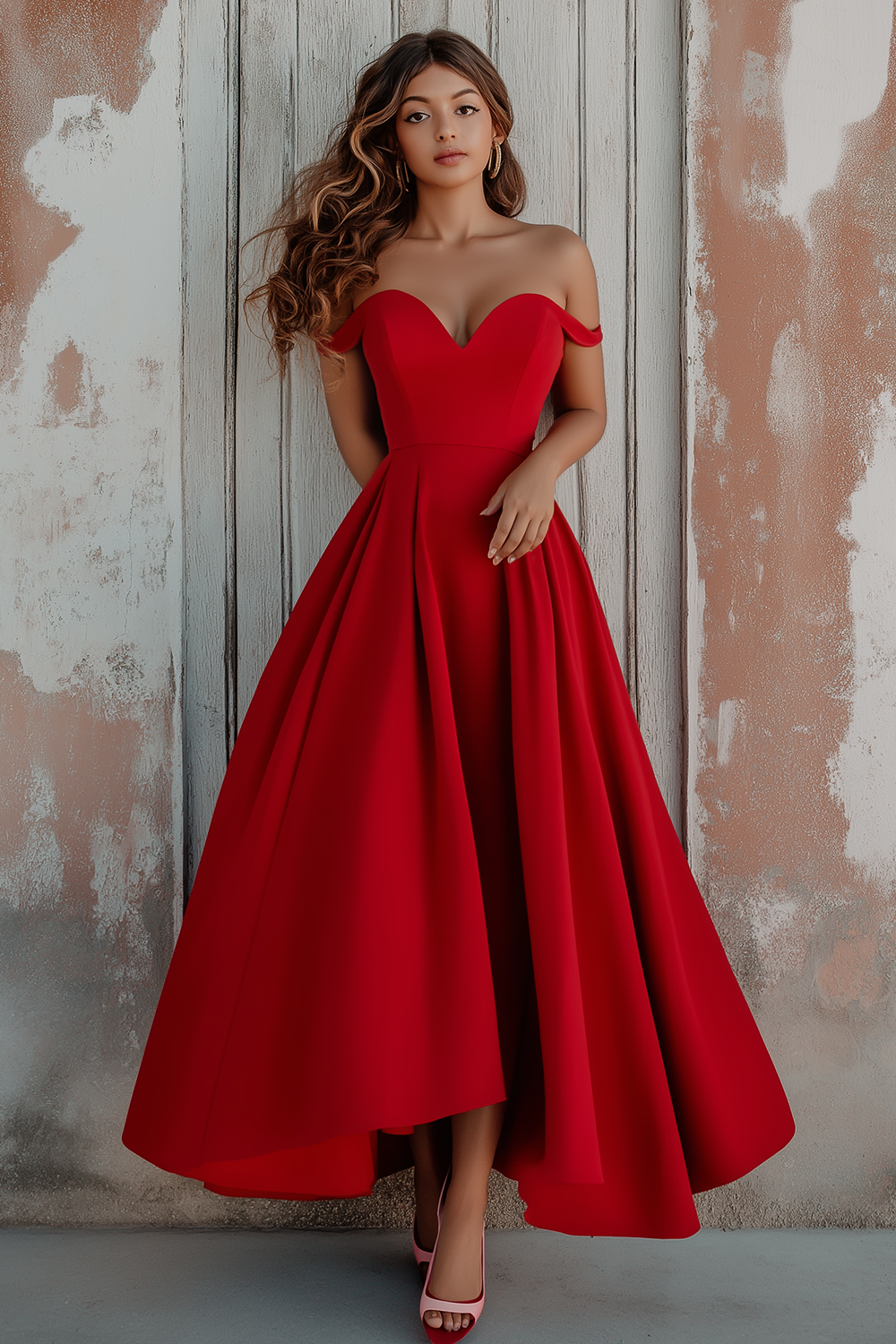 Red Satin Off the Shoulder Asymmetrical A-Line Long Formal Dress