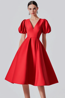 Load image into Gallery viewer, Red Satin V-Neck Puff Sleeves A-Line Long Formal Dress