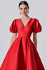 Load image into Gallery viewer, Red Satin V-Neck Puff Sleeves A-Line Long Formal Dress
