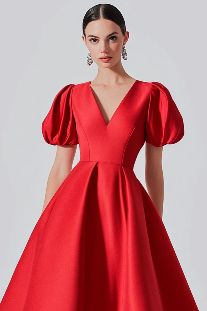 Load image into Gallery viewer, Red Satin V-Neck Puff Sleeves A-Line Long Formal Dress