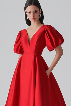 Red Satin V-Neck Puff Sleeves A-Line Long Formal Dress