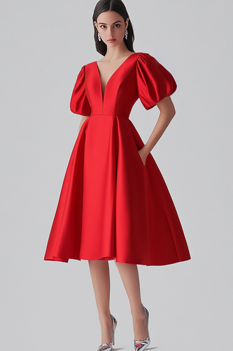 Red Satin V-Neck Puff Sleeves A-Line Long Formal Dress