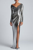 Load image into Gallery viewer, Silver V-Neck Metallic Ruched Sheath Formal Dress with Slit