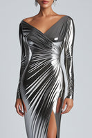 Load image into Gallery viewer, Silver V-Neck Metallic Ruched Sheath Formal Dress with Slit