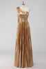 Load image into Gallery viewer, Golden Metallic Pleated One Shoulder A Line Long Formal Dress