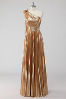 Load image into Gallery viewer, Golden Metallic Pleated One Shoulder A Line Long Formal Dress