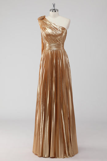 Golden Metallic Pleated One Shoulder A Line Long Formal Dress