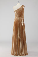 Load image into Gallery viewer, Golden Metallic Pleated One Shoulder A Line Long Formal Dress