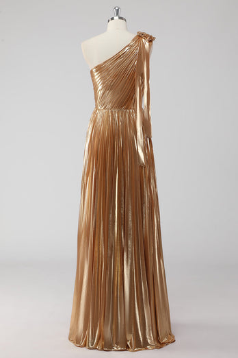 Golden Metallic Pleated One Shoulder A Line Long Formal Dress