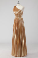 Load image into Gallery viewer, Golden Metallic Pleated One Shoulder A Line Long Formal Dress