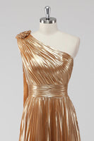 Load image into Gallery viewer, Golden Metallic Pleated One Shoulder A Line Long Formal Dress