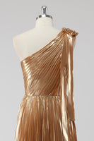 Load image into Gallery viewer, Golden Metallic Pleated One Shoulder A Line Long Formal Dress