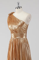 Load image into Gallery viewer, Golden Metallic Pleated One Shoulder A Line Long Formal Dress