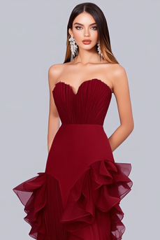 Burgundy Sweetheart Tiered Mermaid Tulle Long Formal Dress