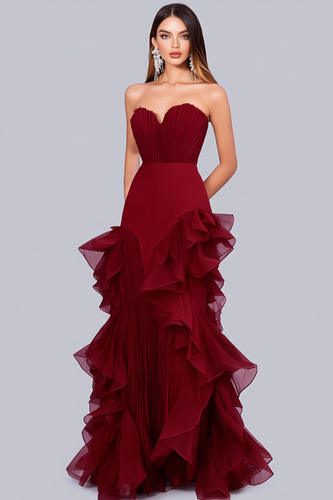Burgundy Sweetheart Tiered Mermaid Tulle Long Formal Dress