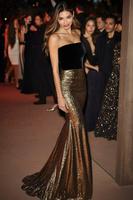 Load image into Gallery viewer, Sparkly Golden Black Sequin Strapless Mermaid Long Formal Dress