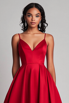 Red Spaghetti Straps Satin Tea Length Long Formal Dress