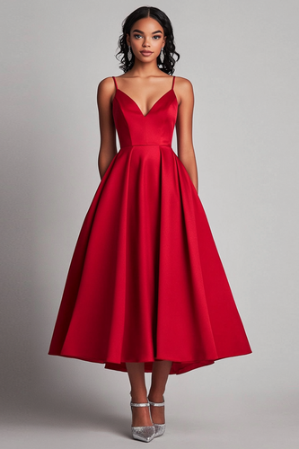 Red Spaghetti Straps Satin Tea Length Long Formal Dress