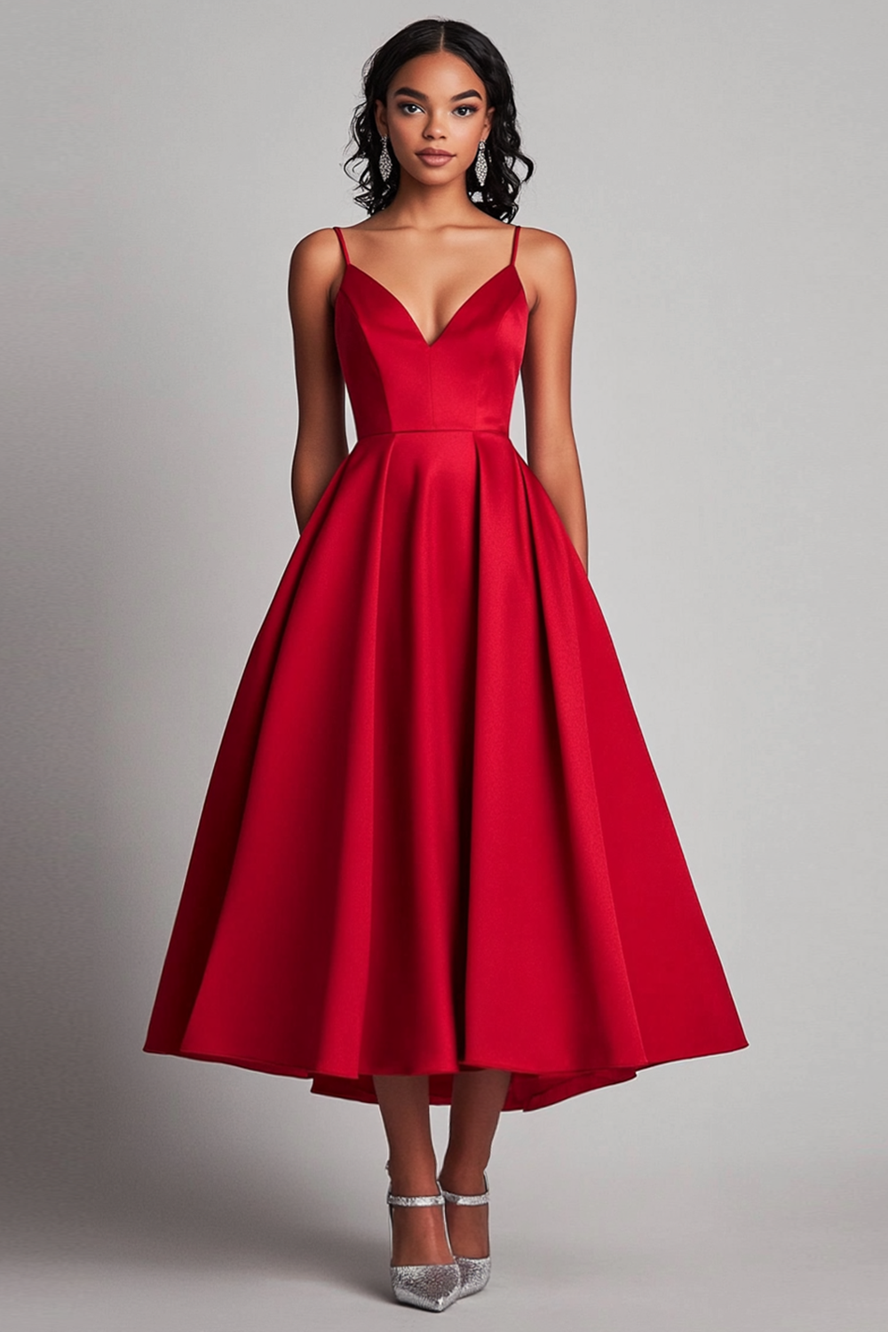 Red Spaghetti Straps Satin Tea Length Long Formal Dress