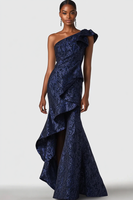 Load image into Gallery viewer, Zapaka Women Navy Floral Long Formal Dress Ruffled One Shoulder Mermaid Gala Dress with Slit