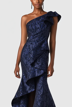 Navy One Shoulder Floral Mermaid Formal Dress with Ruffles