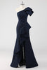 Load image into Gallery viewer, Navy One Shoulder Floral Mermaid Formal Dress with Ruffles