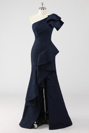 Navy One Shoulder Floral Mermaid Formal Dress with Ruffles