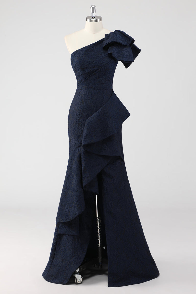 Load image into Gallery viewer, Navy One Shoulder Floral Mermaid Formal Dress with Ruffles