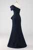 Load image into Gallery viewer, Navy One Shoulder Floral Mermaid Formal Dress with Ruffles