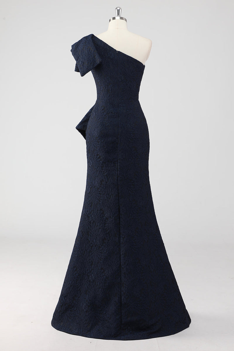 Load image into Gallery viewer, Navy One Shoulder Floral Mermaid Formal Dress with Ruffles